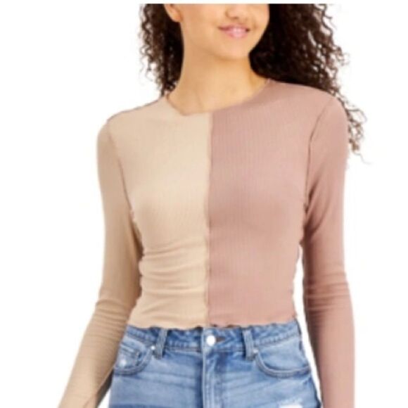 Just Polly juniors’ colorblocked top tan, cacao size Large - Picture 1 of 4